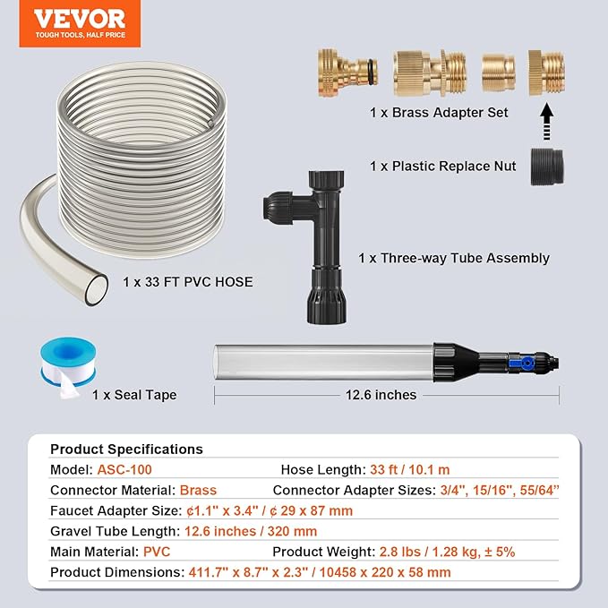 VEVOR Aquarium Vacuum Gravel Cleaner, 33 ft PVC Hose Fish Tank Vacuum Gravel Cleaner, Siphon Fish Tank Cleaner Vacuum, 3 Types of Brass Adapters, for Fish Tank Cleaning Gravel & Sand VEVOR