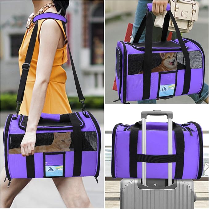 Refrze Pet Carrier Airline Approved, Cat Carriers for Medium Cats Small Cats, Soft Dog Carriers for Small Dogs Medium Dogs, TSA Approved Pet Carrier for Cats Dogs of 15 Lbs, Puppy Carrier,Purple - PAWPICO