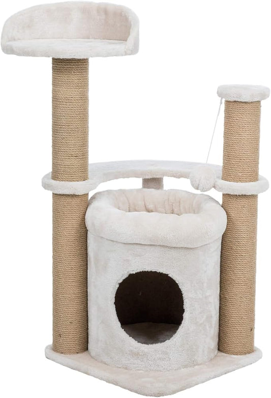 TRIXIE Nayra Cat Scratching Post 32.7 Inch - with Jute-Wrapped Post and Large Condo & Dangling Cat Toy - in Greige-Brown - PAWPICO