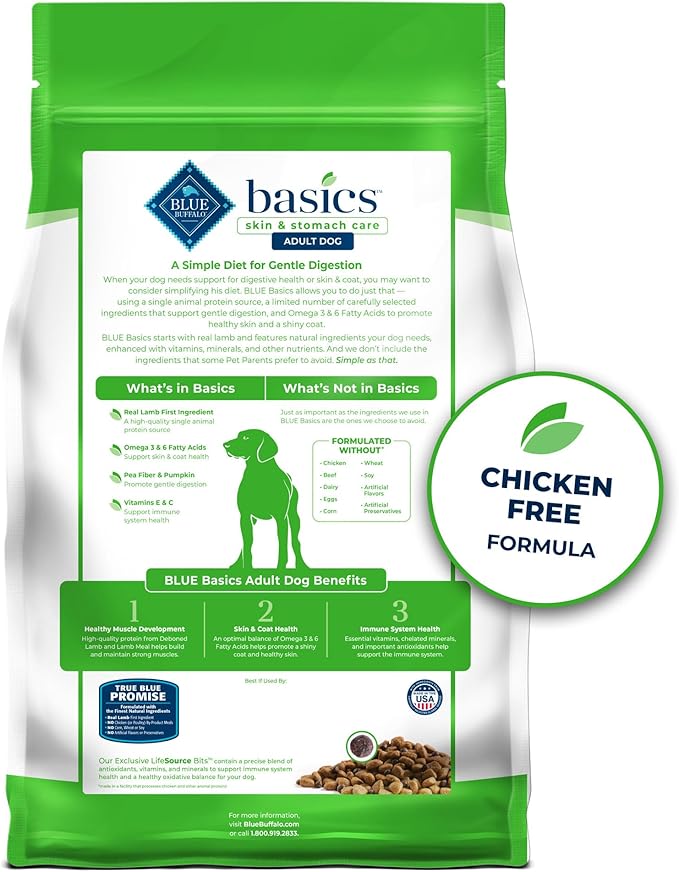 Blue Buffalo Basics Grain-Free Dry Dog Food for Adult Dogs, Limited Ingredient Diet, Lamb Recipe, 22-lb. Bag - PAWPICO