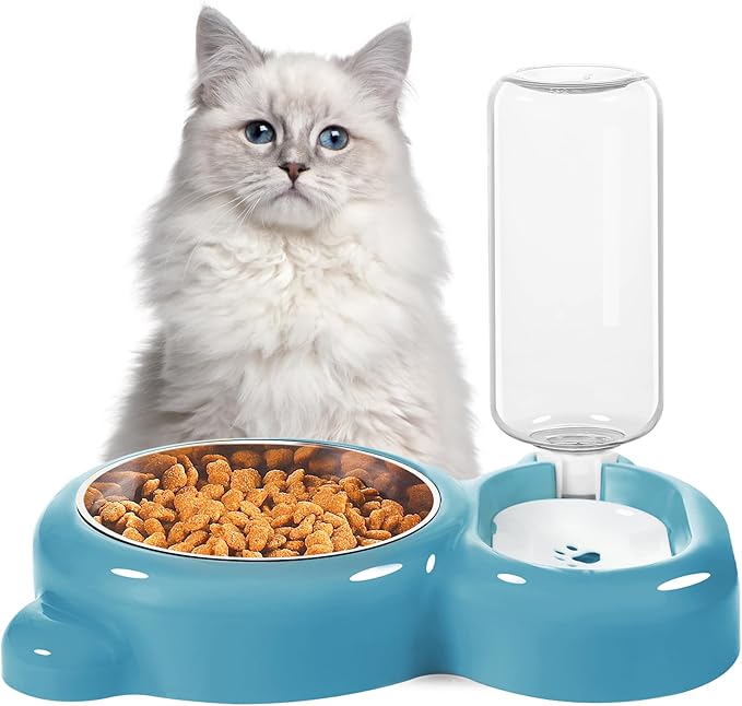 Dog Bowls, Cat Food and Water Bowl Set with Water Dispenser and Stainless Steel Bowl for Cats and Small Dogs - Blue - PAWPICO