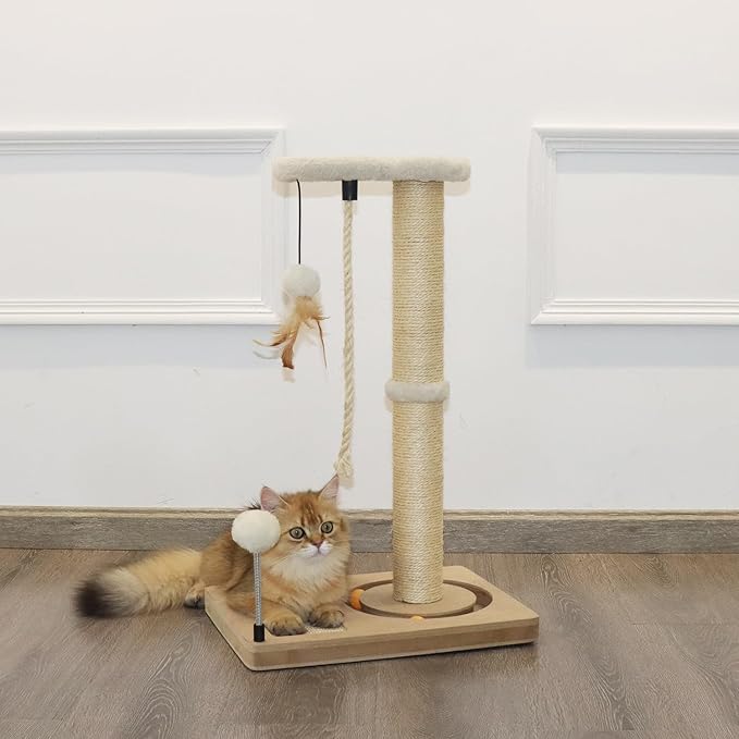 PAWSFANS Cat Scratching Post,Sisal Scratch Posts with Track Ball Feather Toy for Indoor Cats and Kittens,25" Tall Beige - PAWPICO