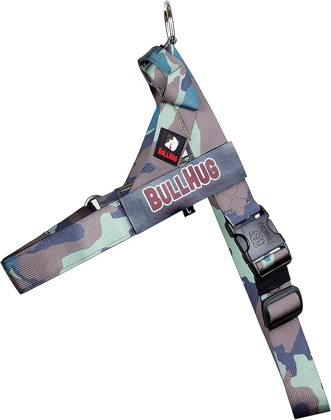 BULLHUG Harness – Made for Larger Chested Dogs Like English Bulldogs, French Bulldogs, Pugs & More. Stops Dogs from Pulling & Choking on Walks (Army, Large) BULLHUG