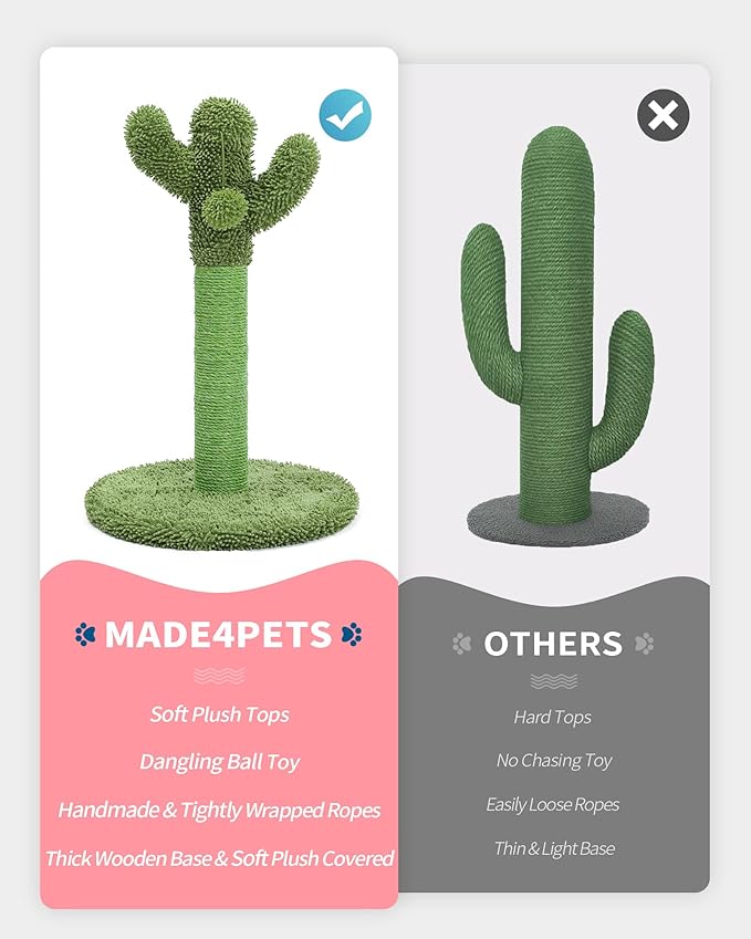 Made4Pets 34" Tall Cat Scratching Post, Cactus Cat Scratcher Kitten Scratching Posts for Indoor Cats Adults Claw Scratch with Sisal Rope, Vertical Green Cat Tree with Dangling Ball for Kitties Large - PAWPICO