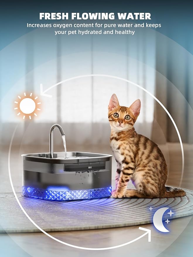 Cat Water Fountain: 75oz/2.2L Automatic Pet Water Dispenser for Cats, 304 Stainless Steel Faucet & Lid Cat Water Bowl Dispenser, Super Silent Pet Water Fountain for Cats Inside, Pump with LED Light - PAWPICO