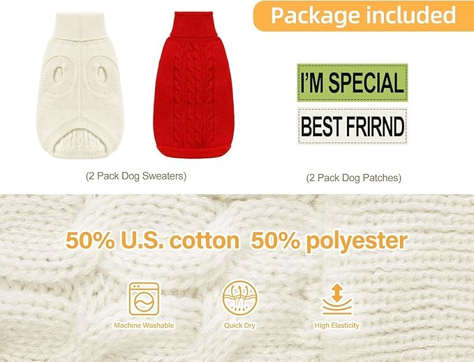 2 Pack Dog Sweaters for Small Dogs - Puppy Medium Warm Clothes in Winter, Turtleneck Pullover Design for Boy Girl Pet, Doggie, Cat, Kitten Chihuahua Bulldog Pug Beagles (2XL, Red, Beige) - PAWPICO