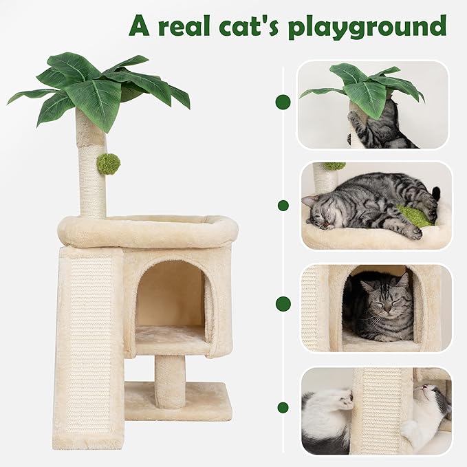Cat Scratching Post 33'' Cat Tree Indoor Palm Tree Large Cat Perch with Scratching Posts Cat Scratch Tree with Natural Sisal Ball Furniture Suitable for Adult Cats and Kittens - PAWPICO