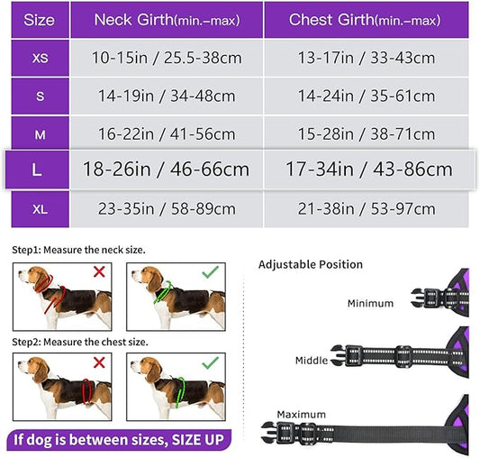 Timos Dog Harness Large Sized, No Pull Dog Harness with Neck Lockable Snap,No Choke Front Clip Dog Reflective Harness,Adjustable Metal Rings 3 Buckles,Easy Control Handle for Large Dogs Purple L Timos