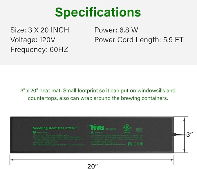 iPower 3" x 20" Seeding Heat Mat with Thermostat Temperature Adjustable Knob Durable Warm Hydroponic Plant Germination Starting Pad, Black iPower