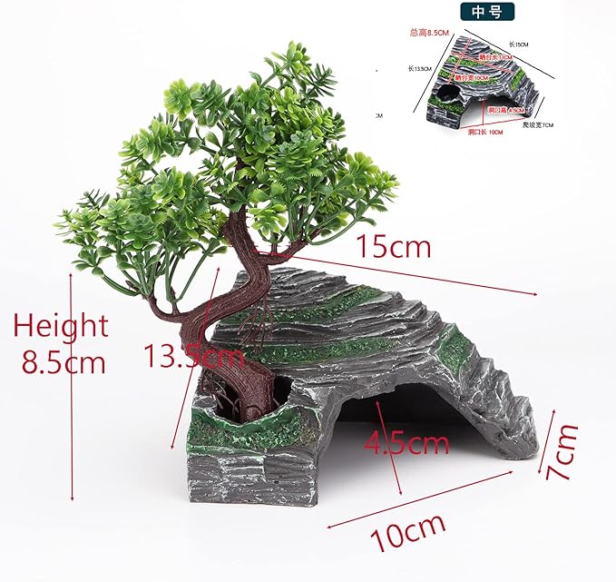 Reptile Simulation Rock Hide-Resin Amphibian Hideouts Cave Size 3.94'' x 1.77'' with Plastic Tree 7.87'',Habitat for Bearded Dragon Turtles Lizards Snakes Crab Gecko Leopard Spider Fish Zhildmosin