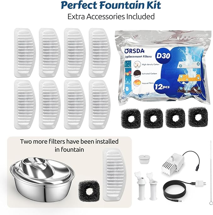 ORSDA Cat Water Fountain, 2L Stainless Steel Pet Water Fountain, Automatic Drinking Fountain Dog Water Dispenser with 12 Replacement Filters for Cats, Small Dogs - PAWPICO