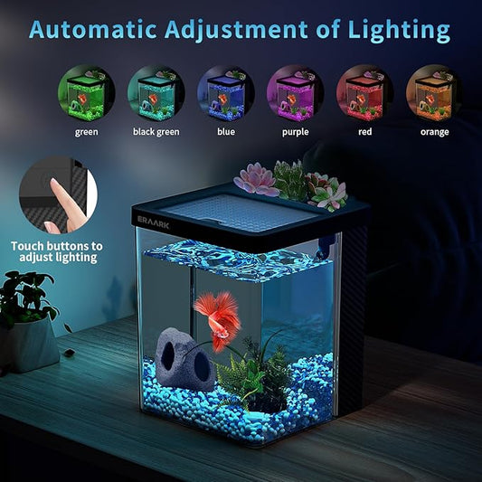 Aquarium kit 1.5 Gallon Betta Fish Tank with Filter LED Light, Water Pump, Decorate Water Plants and Sand, Fish Tank Starter Kits, Fish Bowl ERAARK