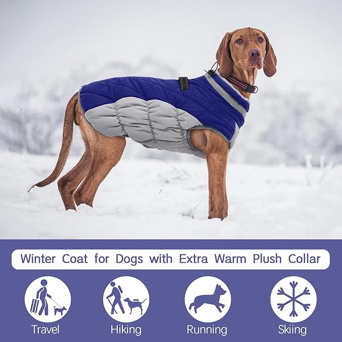 FUAMEY Dog Coat,Warm Dog Jacket Winter Coat Paded Dog Fleece Vest Reflective Dog Cold Weather Coats with Built in Harness Waterproof Windproof Dog Snow Jacket Clothes with Zipper Blue XXX-Large - PAWPICO