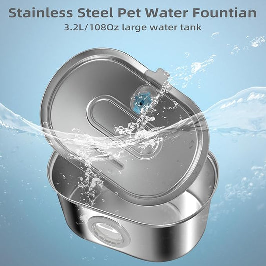Cat Water Fountain Stainless Steel 3.2L/108oz Capacity, Automatic Pet Water Dispenser with Quiet Pump, and Dishwasher Safe Design for Cats, Dogs - PAWPICO