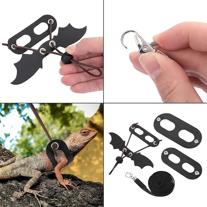 cobee Bearded Dragon Harness and Leash, 3 Pcs Adjustable Lizard Leashes, Soft Leather Reptile Lizard Leash with Cool Wings for Iguana Gecko Chameleon Amphibians Rat Small Pet Animals PAWPICO