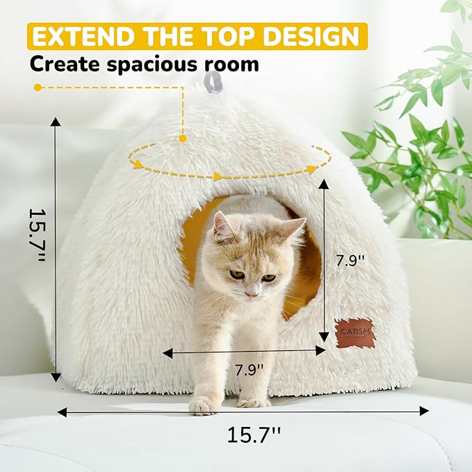 CATISM Cat Bed, Cat Cave for Indoor Cats, Soft Cat Dome, Self-Warming 2 in 1 Foldable Pet Cat House with Washable Cushioned Pillow Calming Fluffy Dog Beds for Small Dogs with Anti-Slip Bottom White - PAWPICO