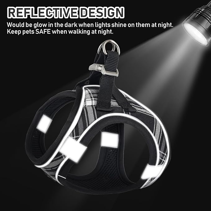 GAMUDA Small Dog Harness Collar and Leash Set, Step in No Chock No Pull Soft Mesh Adjustable Dog Vest Harnesses Plaid Reflective for Dogs Puppy Cats Kitten Rabbit (Black, XL) GAMUDACollarsCollection