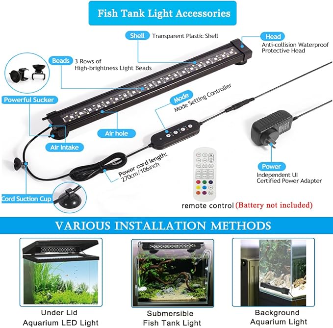 Submersible Aquarium Lights for Fish Tank,24/7 Cycle Fish Tank Light with Timer,Adjustable Brightness,8 Colors,Underwater Full Spectrum LED Aquarium Decor Plant Light,23.6'' for 40gallon Fish REIRQIE