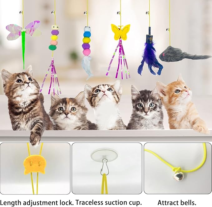 Cat Toys Indoor Hanging Door Retractable Bird Cat Toy for Kitten Fun Exercise Interactive String Feather Cat Toys for Hunting Chase (6 Pack) - PAWPICO