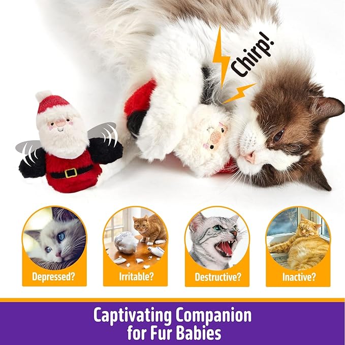 Interactive Christmas Cat Toys, Flapping Santa Clause Cat Toys, Lifelike Bird Chirp, USB Rechargeable Catnip Toy for Bored Indoor Cats Chase Exercise, 3 Modes - PAWPICO
