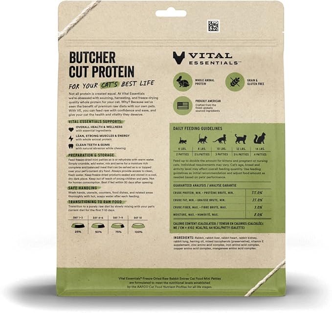 Vital Essentials Freeze Dried Raw Cat Food, Rabbit Mini Patties Entree, 8 oz VitalEssentials