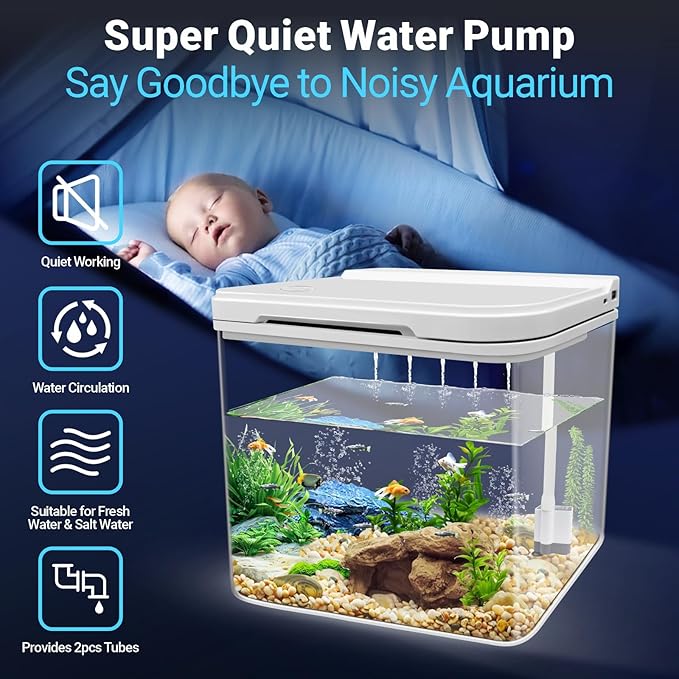 0.8 Gallon Small Fish Tank Kit, Aquarium Starter Kit with Super-Quiet Water Pump, Rain Filtration, Self Cleaning Filtration, LED Light, Easy Changing Water (White) Moonorange