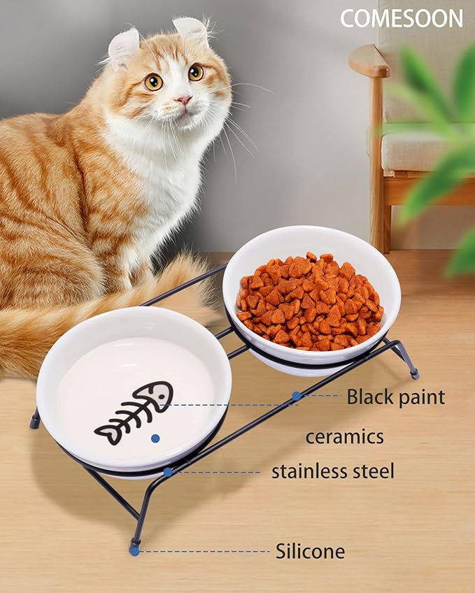 Cat Bowls, Upgraded 13 oz Ceramic Elevated Cat Food Bowls for Food and Water, Raised 2 Cat Dishes with Stainless Steel Stand Non-Slip and Anti-Rust, for Indoor Cats and Small Dog Bowl, Dishwasher Safe - PAWPICO