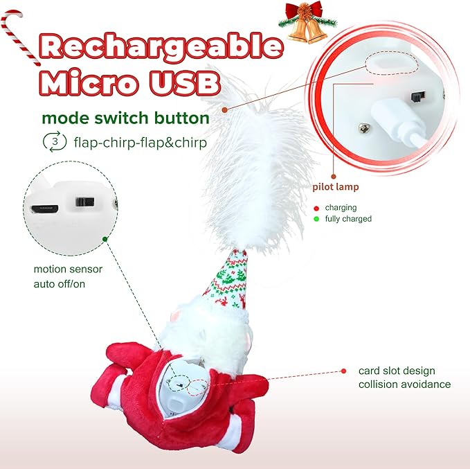 LEWISER Cat Toys, Rechargeable Intelligent Swinging Santa Clause, Suitable for Cat Teaser Stick, Interactive Christmas Cat Toys for Indoor Cats Chase Exercise, Music Melody, 3 Modes - PAWPICO