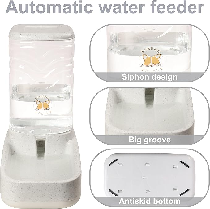 ELEVON Automatic Dog Cat Gravity Food and Water Dispenser Set with Pet Food Bowl for Small Large Pets Puppy Kitten Rabbit Large Capacity(White & Gray, 3.8L) - PAWPICO