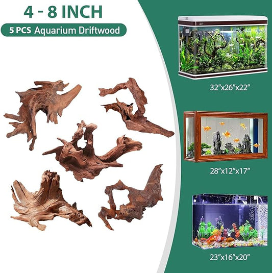 WDEFUN Natural Driftwood for Aquarium Decor, 5-Piece 5''-8'' Large Driftwood for Decorations on Fish Tank, Reptiles Bearded Dragon Accessories or Air Plants WDEFUN