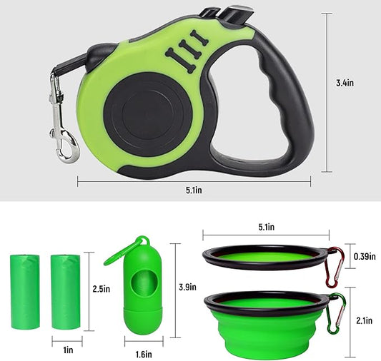 Retractable Dog Leash Automatic Telescopic Tractor Dog Tape, Pet Tape 10/16 FT Durable and Convenient, with Folding Bowl, Dispenser, Rubbish Bags, Suitable for Small and Medium Dogs LIEVUIKEN