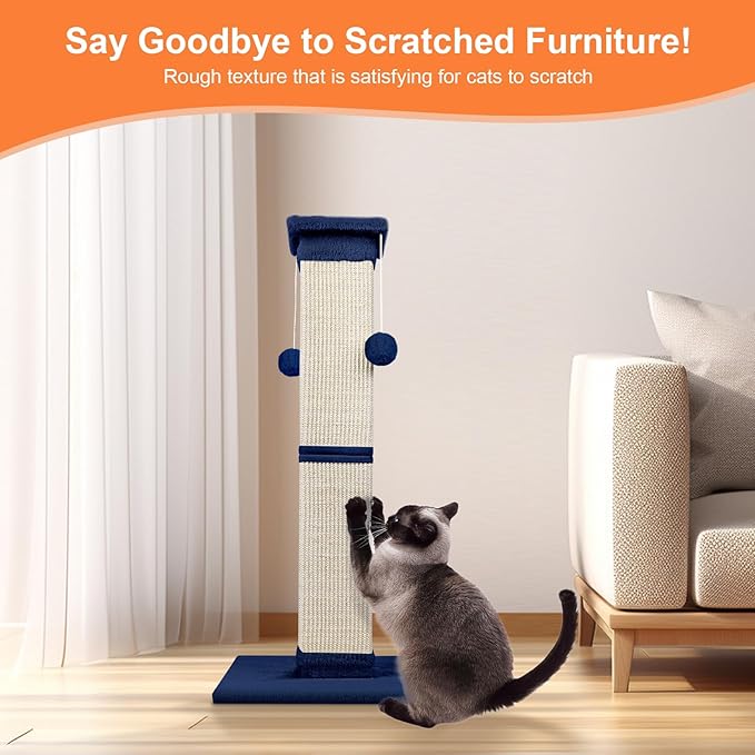 Cat Scratching Post 33 Inch Nature Sisal Cat Scratch Post for Indoor Cats, Large Cat Scratcher Protect Your Furniture, for All Breeds Blue - PAWPICO