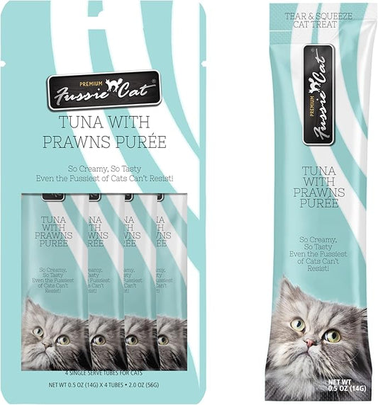 Fussie Cat Tuna with Prawns Puree, lickable cat Treats, 0.5oz Pouch Pack of 4 - PAWPICO