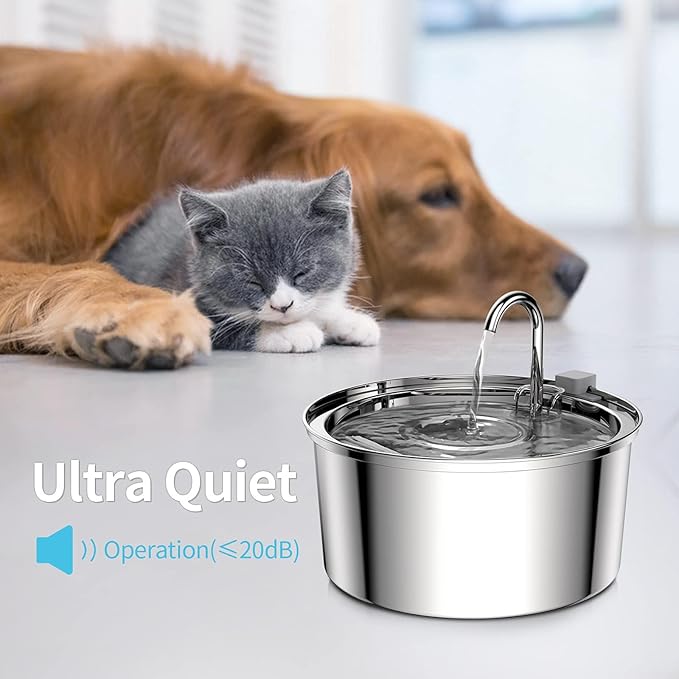 Tomxcute Cat Water Fountain, 3.2L/108oz Automatic Stainless Steel Pet Fountain Dog Water Dispenser, Ultra-Quiet Pump and 3 Replacement Filters & for Cats, Dogs, Multiple Pets - PAWPICO
