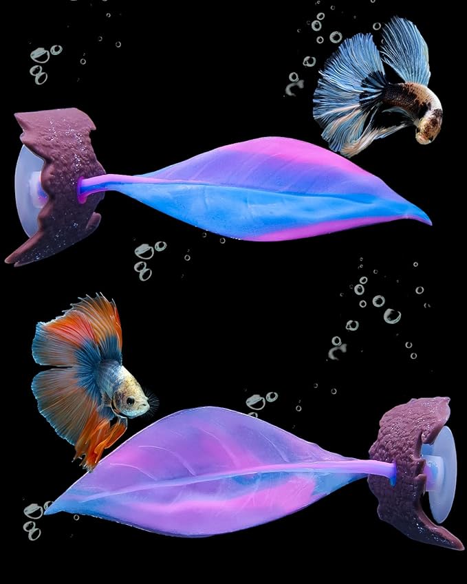 Uniclife Betta Leaf Hammock Soft Aquarium Rest Bed Fish Breeding Playing Pad with Suction Cup and Lifelike Bark Ornament Colorful Silicone Decoration for Fish Tank Landscape, 2 Pack UnicLife