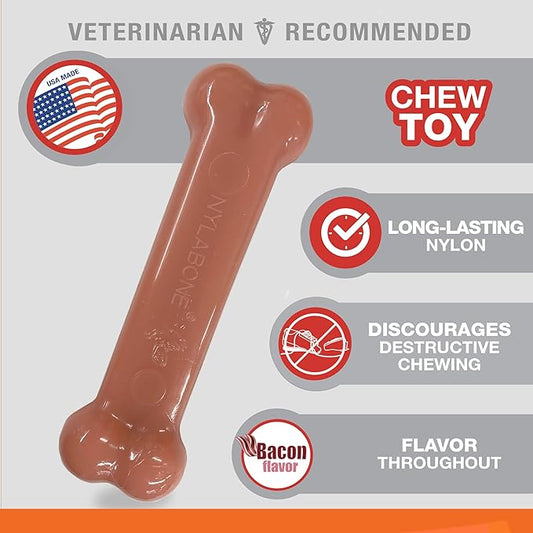 Nylabone Power Chew Classic Bone Chew Toy for Dogs, Durable Dog Toys for Aggressive Chewers, Bacon & Chicken Flavor, Medium/Wolf (2 Count) - PAWPICO