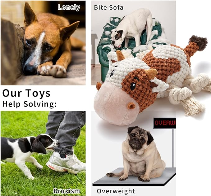 Sedioso Dog Toys, Dog Plush Toy for Large Breed, Cute Squeaky Dog Toys with Crinkle Paper, Dog Chew Toys for Puppy, Small, Middle, Big Dogs (Cow) - PAWPICO