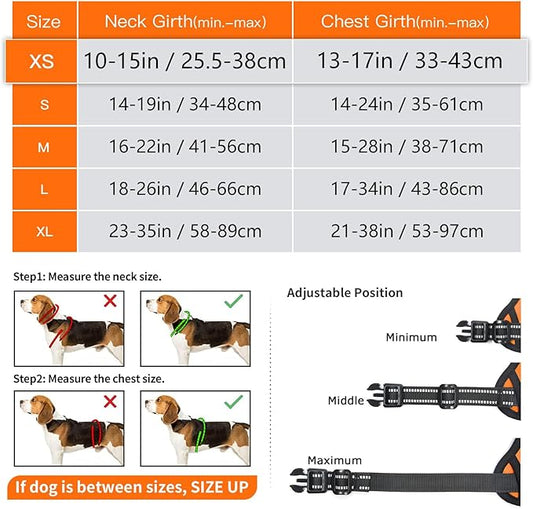 Timos Dog Harness Small Sized, No Pull Dog Harness with Neck Lockable Snap,No Choke Front Clip Dog Reflective Harness,Adjustable Metal Rings 3 Buckles,Easy Control Handle for Small Dogs Orange XS Timos