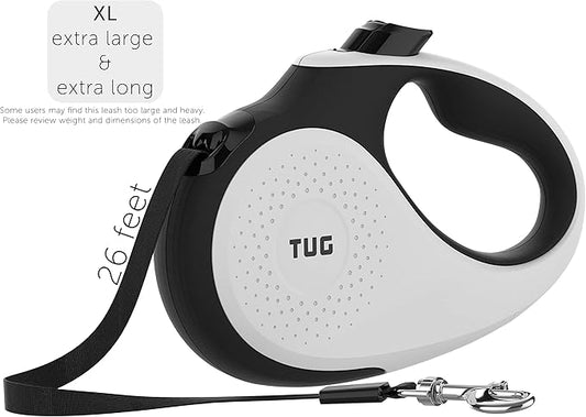 TUG XL 360° Tangle-Free Retractable Dog Leash with Anti-Slip Handle | 26 ft Strong Nylon Tape | One-Handed Brake, Pause, Lock (Extra Large, White) TUG
