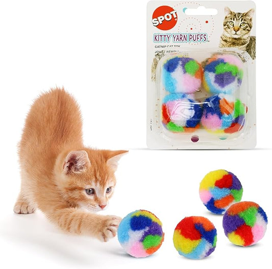 Ethical SPOT Kitty Yarn Puffs Colorful Woolen Yarn Cat Toy Contains Catnip 1.5" Pack of 4 Pet - PAWPICO