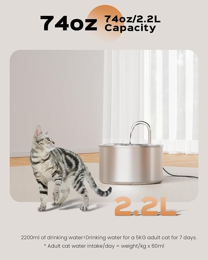 AOOGITF Cat Water Fountain + 8 Filters + 8 Sponges, 304 Stainless Steel Pet Water Fountain, 24 Hours Keep The Water Clean, 74oz Capacity, Ultra-Quiet, No Sputter, Compact, Easy Cleaning - PAWPICO