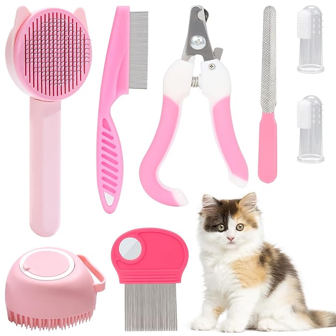 VCZONE 8 Pcs Cat Brush Grooming Kits, Pet Self Cleaning Kit with Pet Nail Clipper and File, Flea Comb, Pet Shampoo Bath Brush, Pet Shedding Brush, Silicone Toothbrush (Pink) - PAWPICO