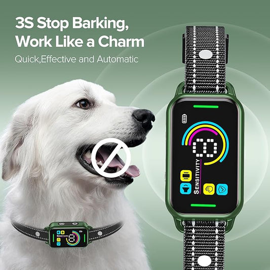 Dog Bark Collar, DINJOO Bark Collar for Large Medium Small Dogs,Smart Bark Collar,Rechargeable Anti Barking Training Collar with 8 Adjustable Sensitivity,Bark Collar with Beep(Dark Green) DINJOO