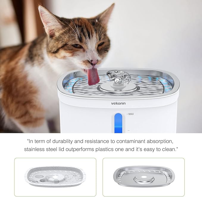 Cat Water Fountain with Stainless Steel Top and 2 Flower Spouts, 2.5L Pet Water Fountain with Led Light and Water Level Window - PAWPICO