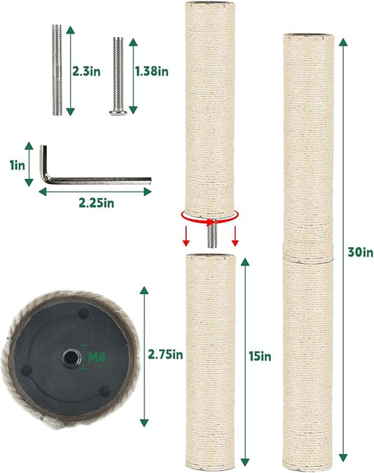 BNOSDM 2 Pcs 15”x2.75” M8 Cat Tree Scratching Post Replacement Parts for Indoor Cats Tower Rope Scratch Poles Refill Sisal Part for Refurbishment Hemp White - PAWPICO