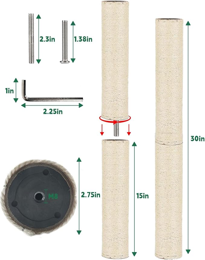 BNOSDM 2 Pcs 15”x2.75” M8 Cat Tree Scratching Post Replacement Parts for Indoor Cats Tower Rope Scratch Poles Refill Sisal Part for Refurbishment Hemp White - PAWPICO
