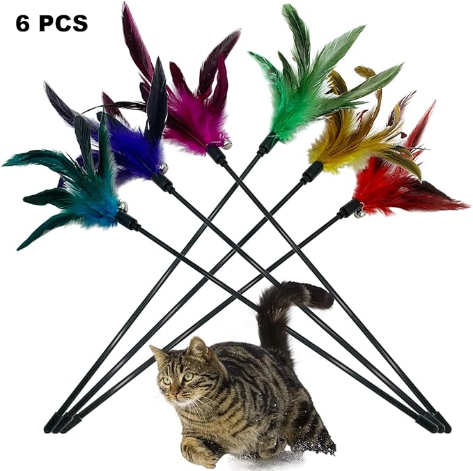 Cat Wand Toy Feather Stick Cat Toys, 6 PCS Cat Feathers Wand Toy, Interactive Cat Toy Feather Wand for Indoor Cats - PAWPICO