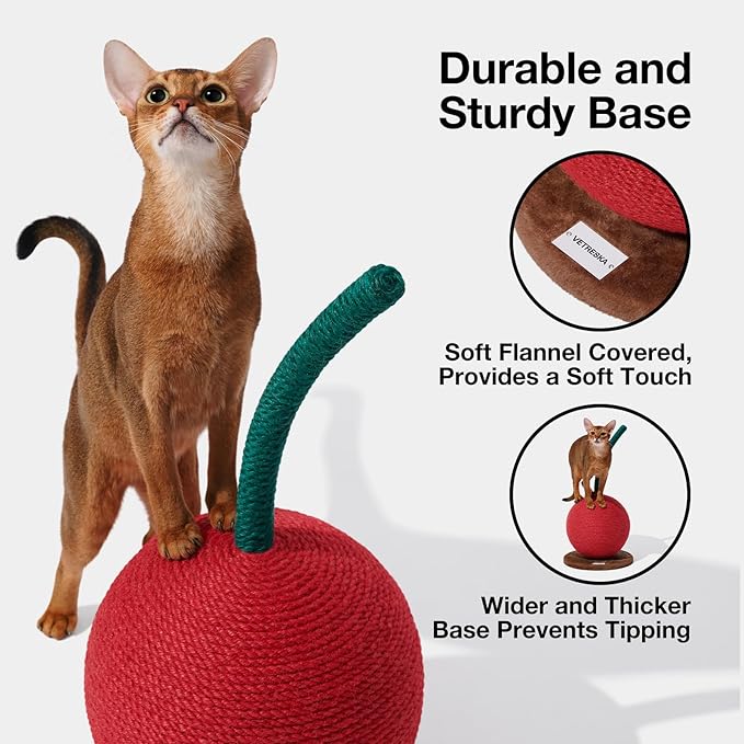 VETRESKA Cherry Cat Scratching Post, 22.64" Tall Cat Scratcher with Sisal Rope Ball, Vertical Cat Scratch Post Claw Scratchers for Indoor Cats, Kitten Supplies - PAWPICO