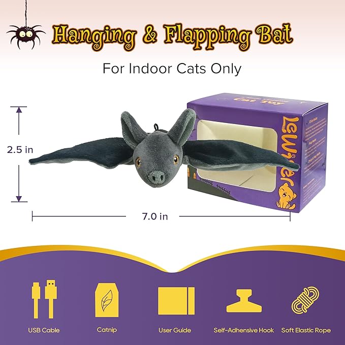 LEWISER Cat Toys, Rechargeable Intelligent Flapping Bat, Suitable for Cat Teaser Stick, Halloween Hanging Interactive Cat Toys for Indoor Cats Chase Exercise, Vivid Chirping, 3 Modes - PAWPICO