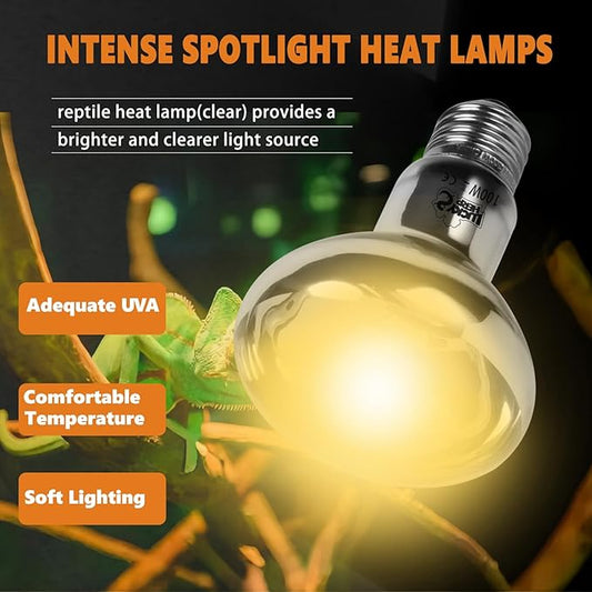 LUCKY HERP Heat Lamp Bulbs, UVA Intense Basking Spot Light Reptile Heat Lamp(Clear) 100W, Simulated Natural Sunlight Heat Lamp Bulbs for Reptile, Bearded Dragon, Amphibian, Turtle, Snake, Lizard LUCKYHERP